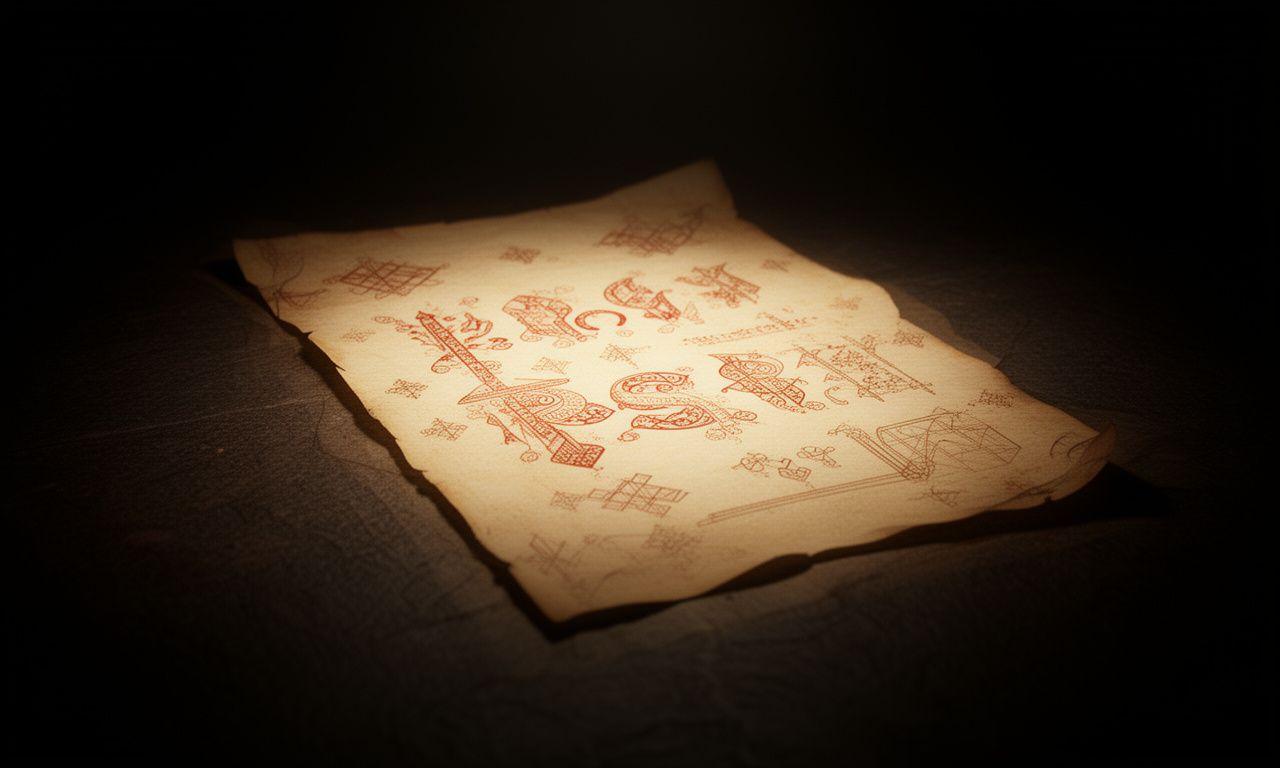Pergamino antiguo iluminado sobre una mesa oscura con símbolos históricos y textura de libro