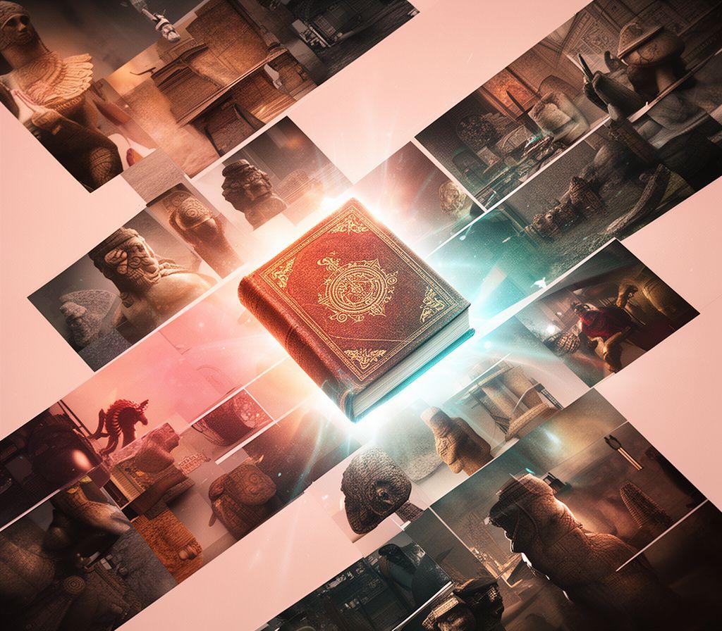 Game narrative collage with ancient symbols, merged relics, and a glowing book in a modern studio