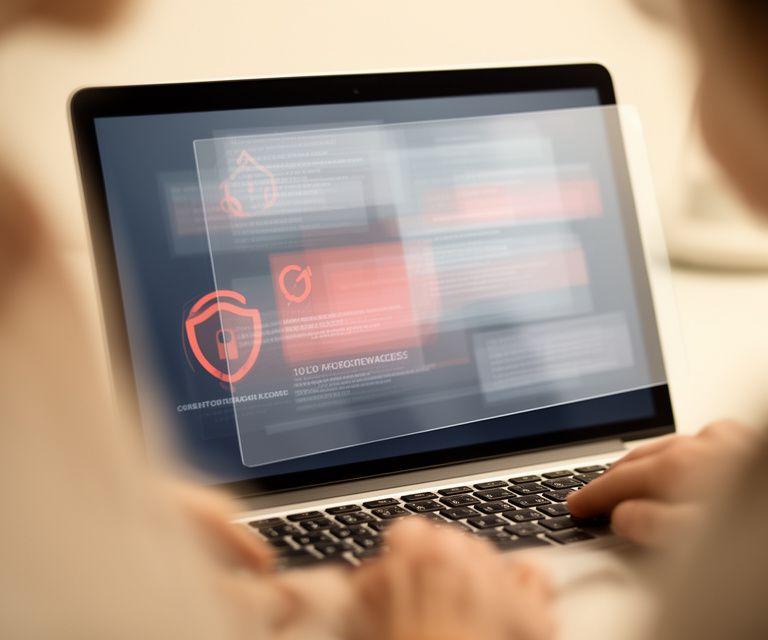 Primer plano de un portátil con paneles de privacidad y registros de consentimiento en una mesa de trabajo