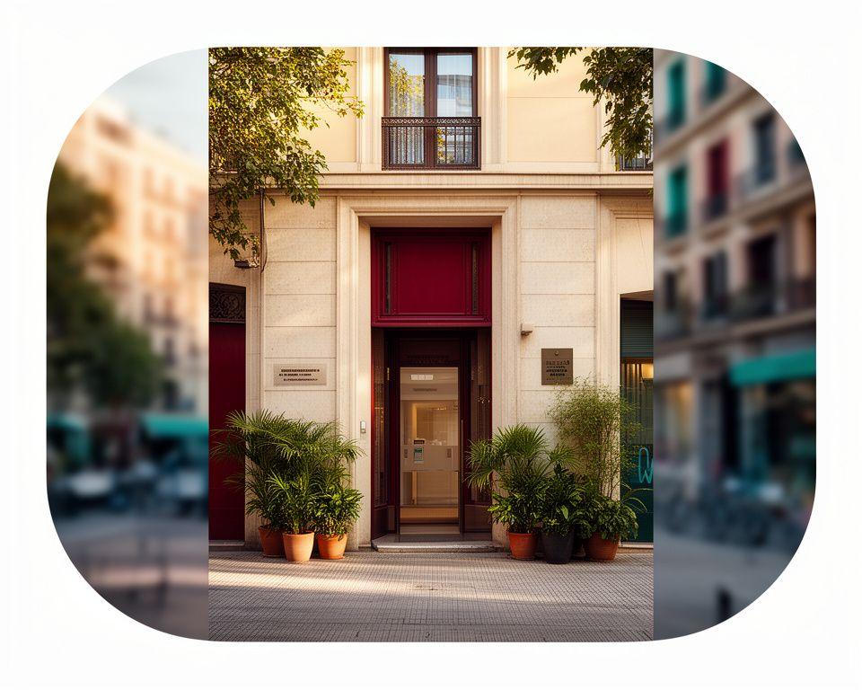 Fachada elegante de una oficina creativa en Madrid con luz suave, plantas y una entrada discreta en calle urbana