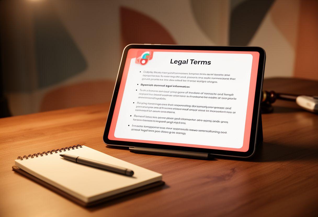 Tablet showing a mobile game legal information screen on a warm desk with a notebook and stylus