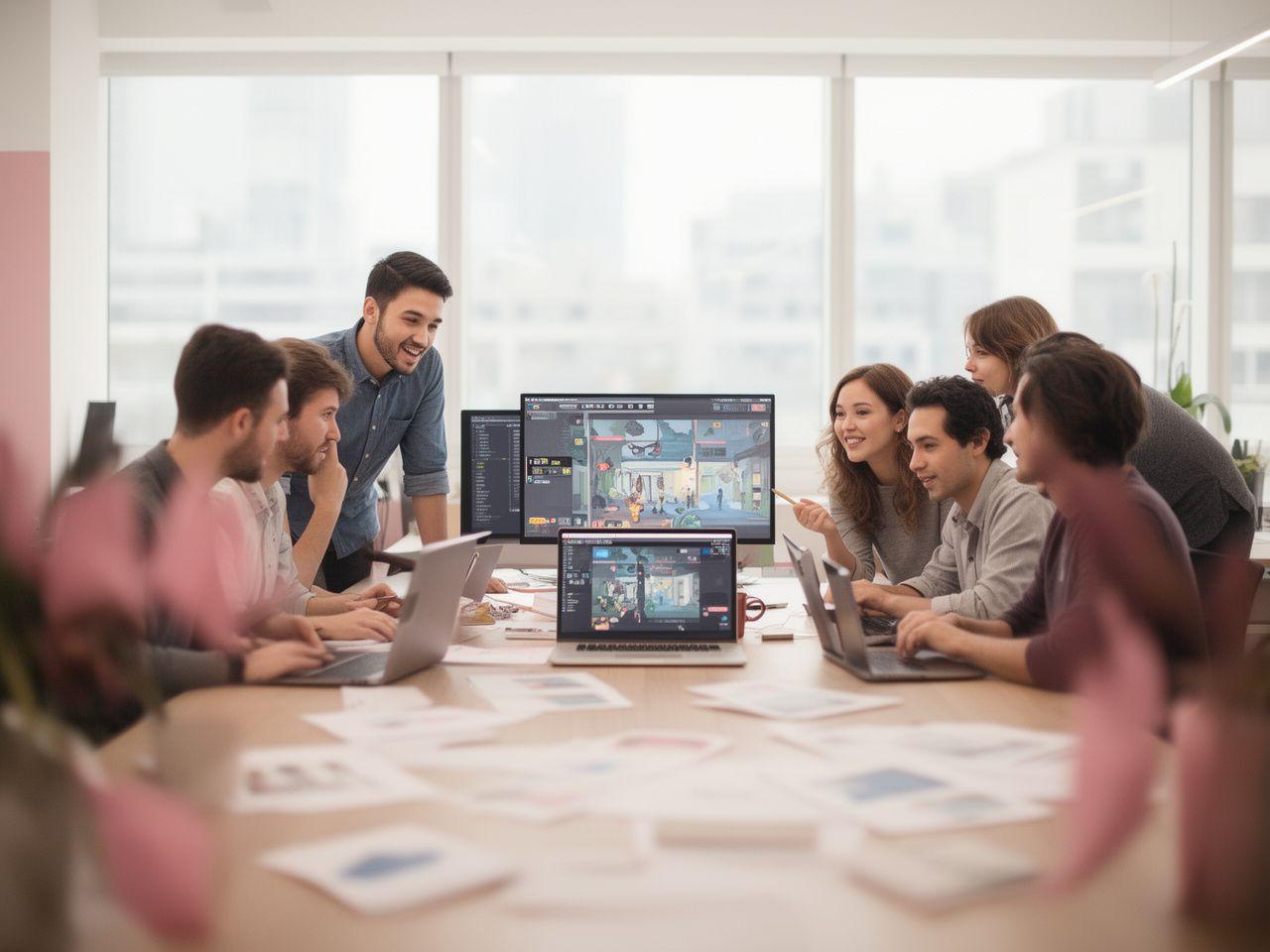 Equipo de Chronos Codex Interactive revisando un prototipo de juego narrativo en una oficina luminosa de Madrid con pantallas y notas de historia antigua