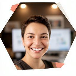 María López sonriendo en un estudio creativo con pantallas y notas de narrativa
