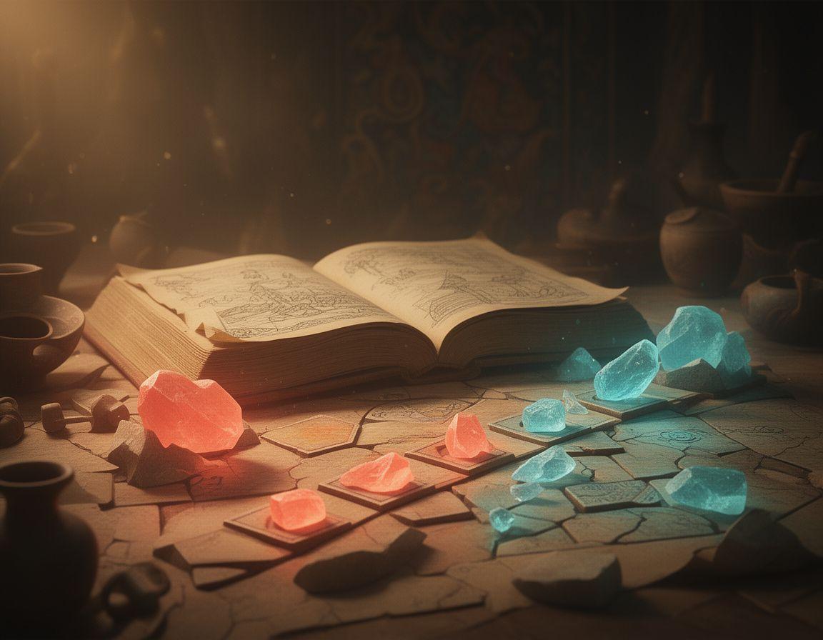 Ancient book and merge game board with glowing artefacts on a warm tabletop