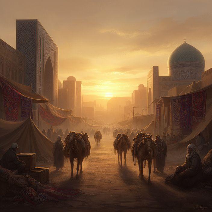 Arte conceptual de Samarcanda con caravanas, tejidos y arquitectura de la Ruta de la Seda al atardecer