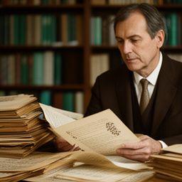 Dra. Elena Torres revisando manuscritos y referencias históricas en una biblioteca