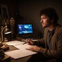 Qisheng Sipán revisando notas de diseño y una pantalla de juego en un estudio creativo con luz cálida