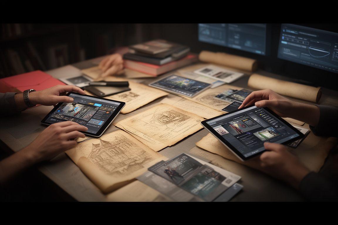 Equipo creativo revisando diseños de un juego histórico en una mesa con pergaminos y pantallas