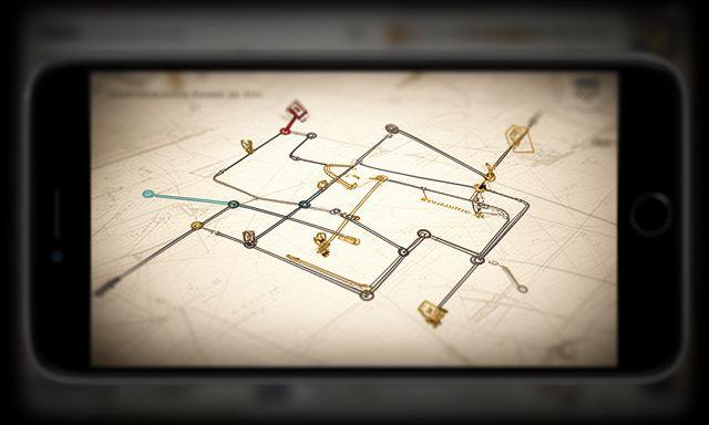 Pantalla con mapa histórico, líneas de misión y símbolos de progreso en una interfaz móvil moderna