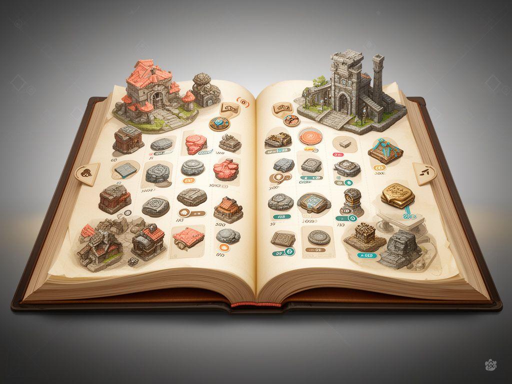 Interfaz del juego con piezas de civilización, un libro de misterio abierto y un tablero de fusión lleno de reliquias antiguas