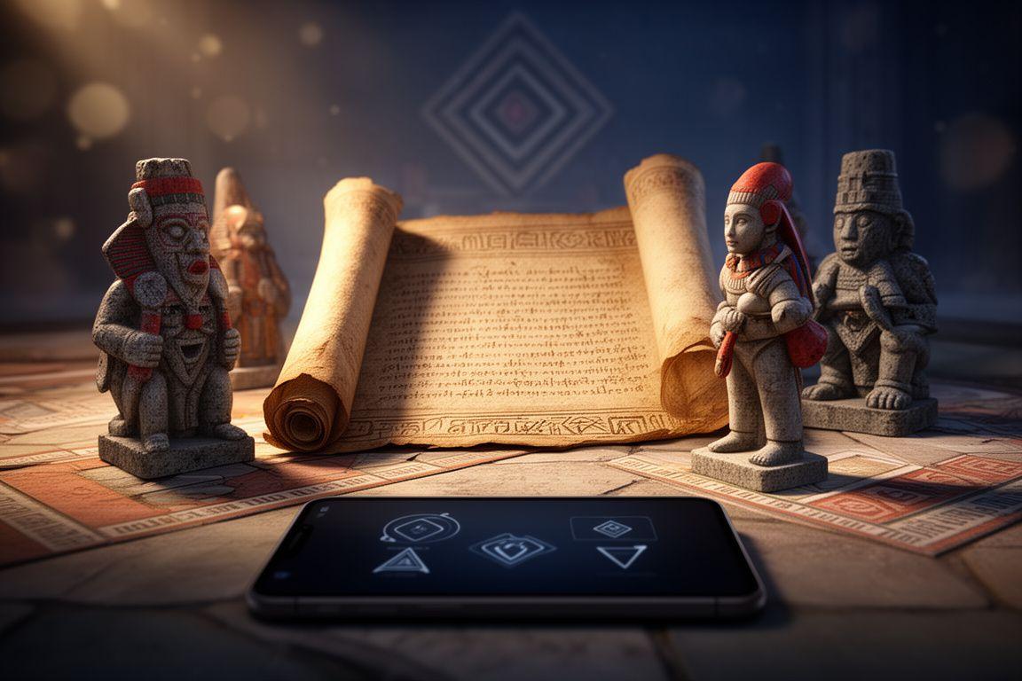 Pantalla promocional de un juego móvil de fusión con un pergamino antiguo y piezas de civilización sobre un dispositivo en una mesa iluminada