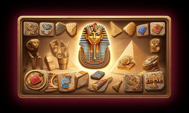Colección de artefactos egipcios y fichas de fusión iluminadas con tonos cálidos