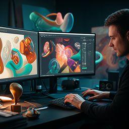 Javier Martín ajustando ilustraciones 2D y modelos 3D en un espacio de arte digital